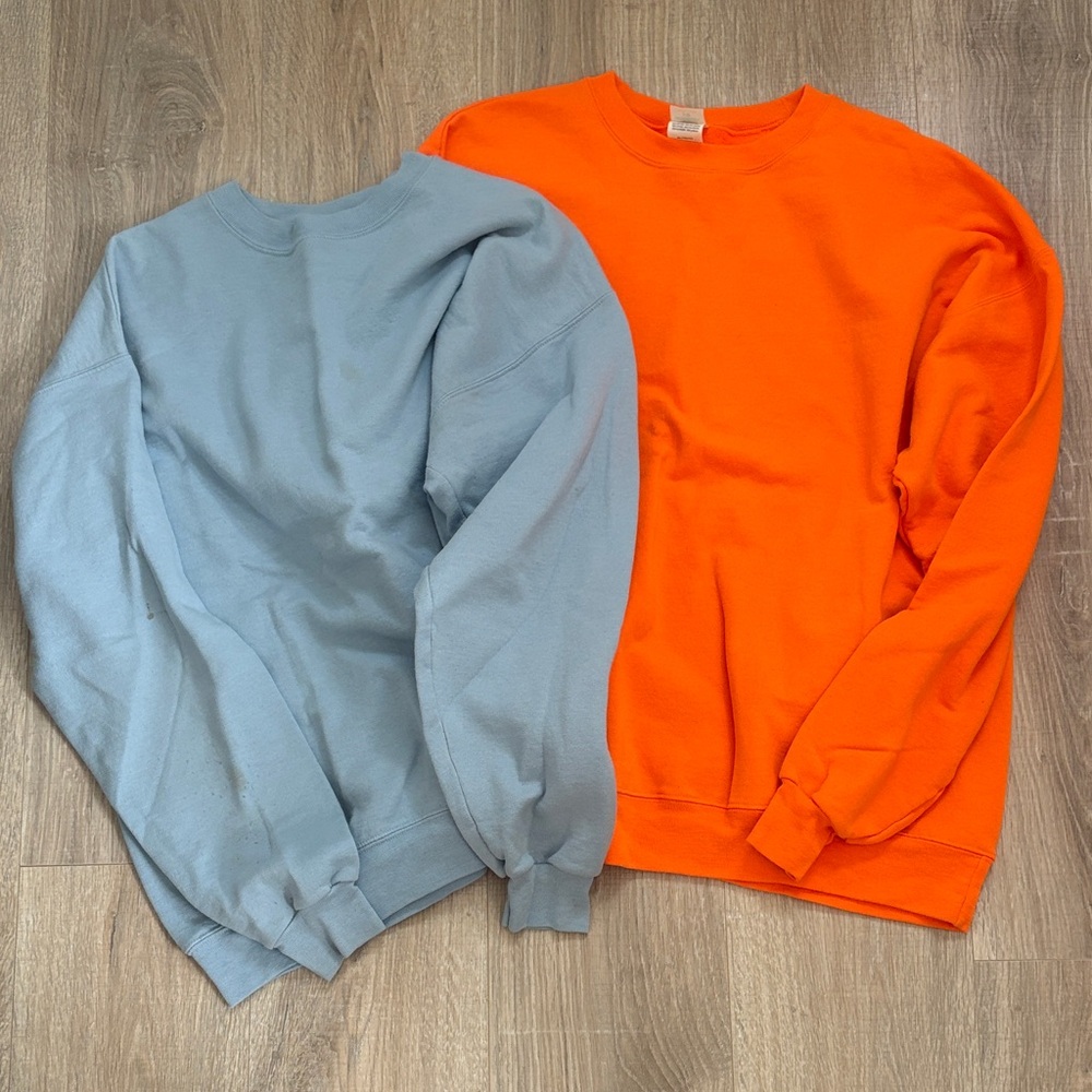 Men's Crewneck Sweater - Light Blue (Large) and Bright Orange (X-Large)